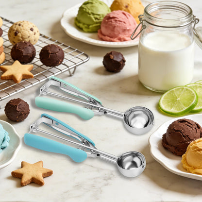 Cookie Scoop Set of 3, 18/8 Stainless Steel Cookie Dough Scoops with Blue, Pink & Green Color-Coded Grips, Small/Medium/Large (#60, #40, #20) Portion Scooper for Baking, Cupcakes & Ice Cream