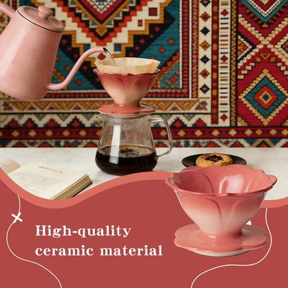 DHSUN Premium Ceramic Pour Over Coffee Dripper，Includes 40pcs Coffee Filter Papers, suitable for home and travel, Flower Petal Dripper（Gradient Red）