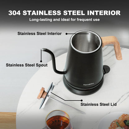 Nueve&Five Gooseneck Electric Kettle with Thermometer， Black Electric Kettle 1L with Auto Shut-Off，1000W Hot Water Kettle of Stainless Steel， Pour Over Kettle for Coffee & Tea