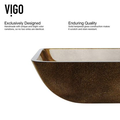 VIGO 22" L -14" W -12" H Donatello Glass Rectangular Vessel Sink Set in Copper with Faucet and Drain -VGT513