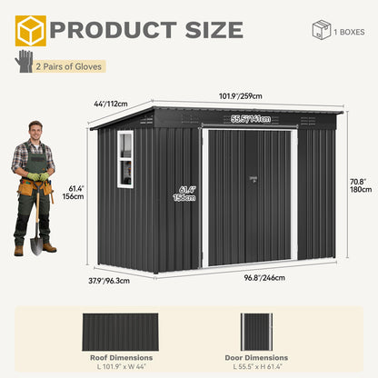 DWVO 9x4ft Large Tool Storage Shed with Window, Lockable Doors, and Sloped Roof, Oversized Steel Outdoor Storage Shed for Garden, Patio, Garage, Backyard, Lawn - Dark Gray