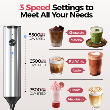 YARRAMATE Rechargeable Milk Frother Wand Handheld, 3 Speed Adjustable Electric Drink Mixer with 2 Whisks, Stainless Steel Stirrer for Coffee, Lattes, Protein Shakes, Matcha, Egg
