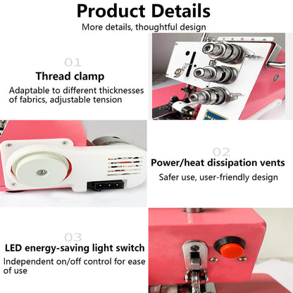 Four Threads Portable Sewing Machine Metal Frame Serger Four-Thread Lockstitch Sewing Machine Small Desktop Overlock for Hemming and Sewing