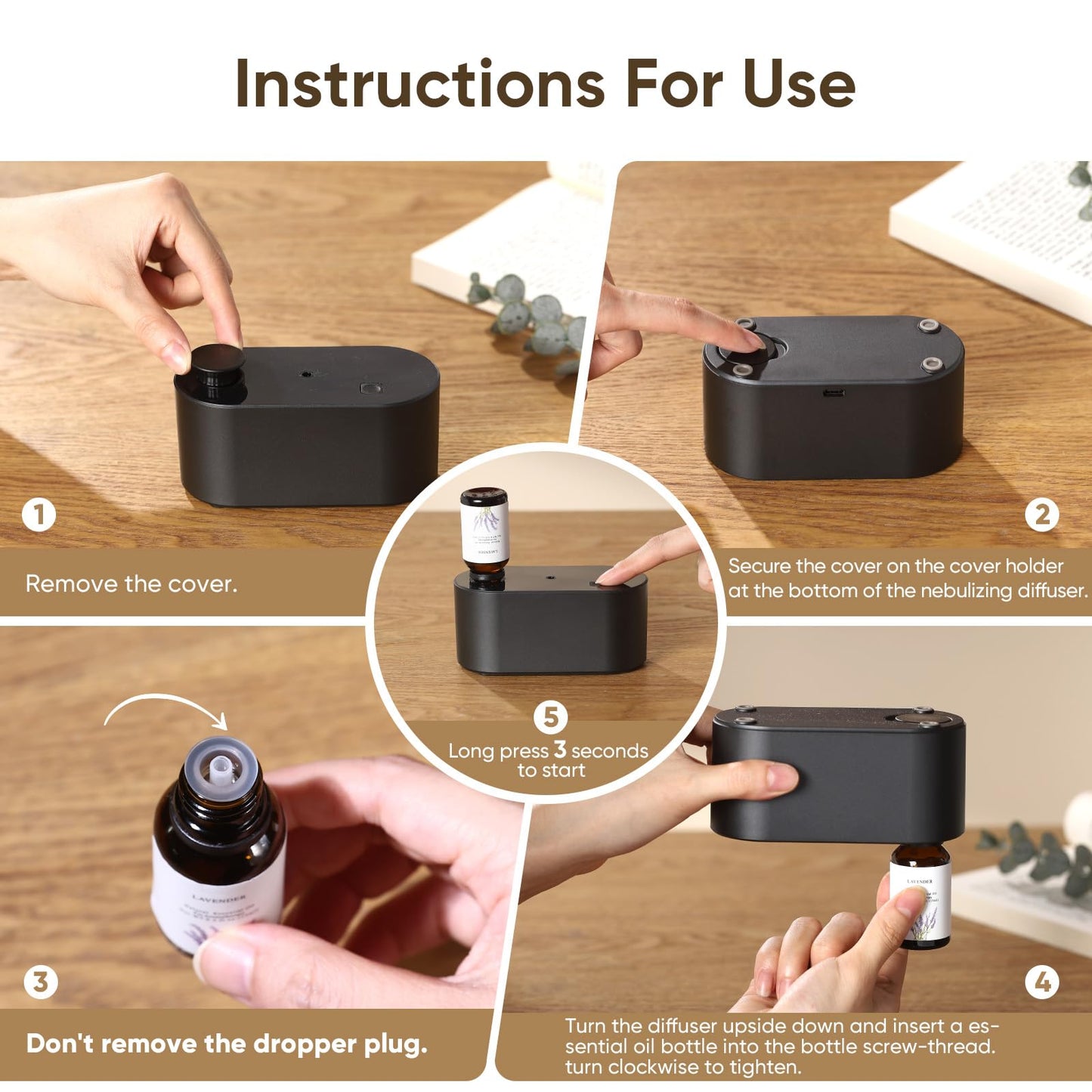 Waterless Diffuser for Home Essential Oil Diffuser, Aromatherapy Diffuser, Portable Scent Diffusers, 3 Mist Modes, Cycle Start for Bedroom, Office Studio 160-350 sq. ft Black