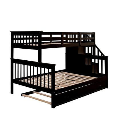 Ball & Cast Twin-Over-Full Bunk Bed with Twin Size Trundle and Storage Ladder,Wood Bunkbed w/Slat Support & Full-Length Guard Rail,Space Saving,Bedframe Furniture for Student Dorms,Studio,Espresso