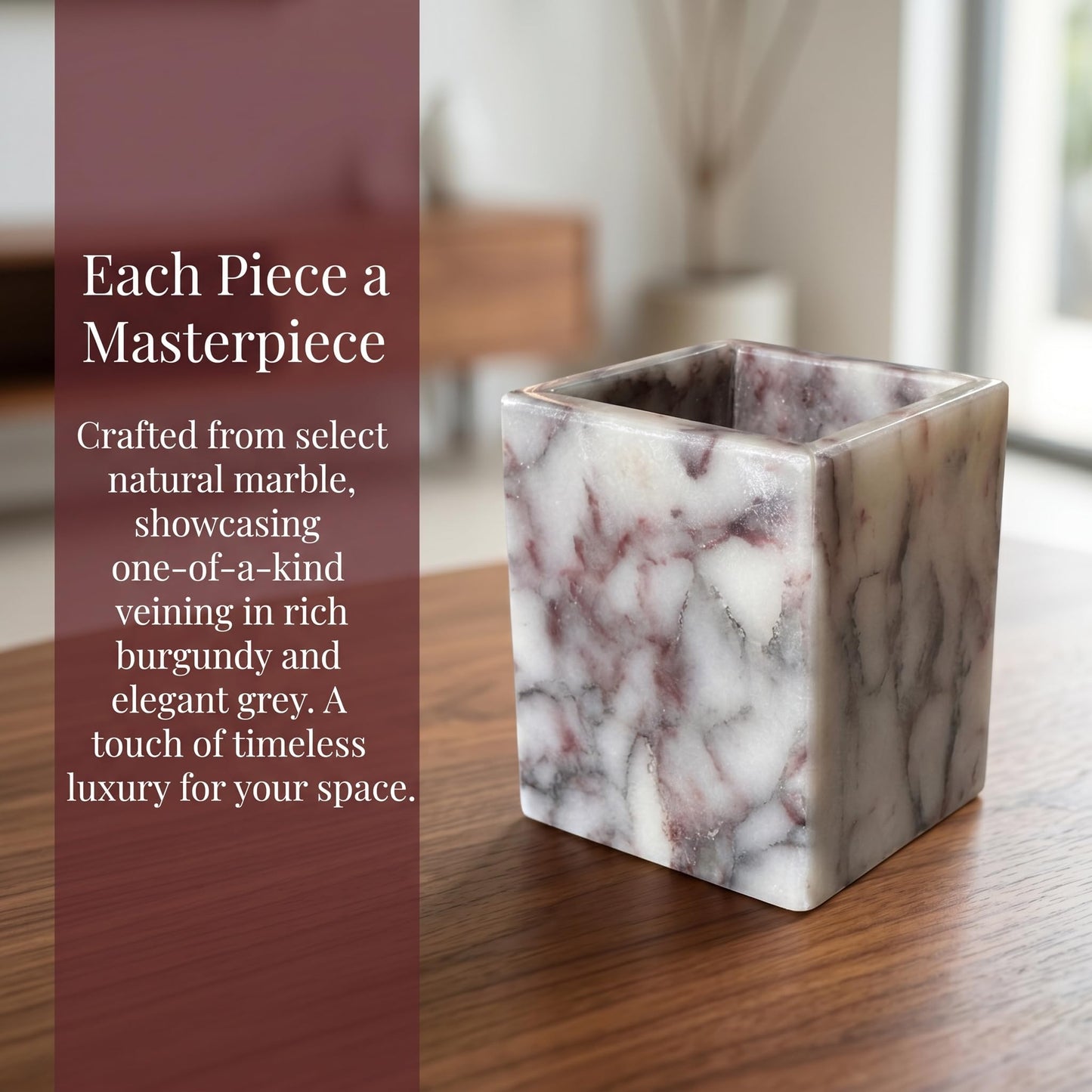 KEBTN Natural Calacatta Viola Marble Pen Holder, Luxury Square Organizer Cup, Multi-Use Hand-Polished Storage for Desk, Bathroom Vanity, Kitchen Utensils & Makeup Brushes, 2.95” x 3.74”