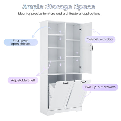 68" Tall Bathroom Storage Cabinet with One Door and Two Laundry Hampers for Home Display Organizer, Adjustable Shelf, White
