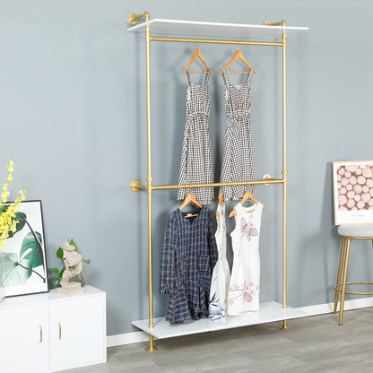FURVOKIA Modern Simple 2 Tier Industrial Pipe and Wood Garment Rack,Wall Mounted Double Hanging Rods Clothing Rack,Retail Display Storage Clothes Hanging Shelves (One Shelves,Gold, 47.2"L)