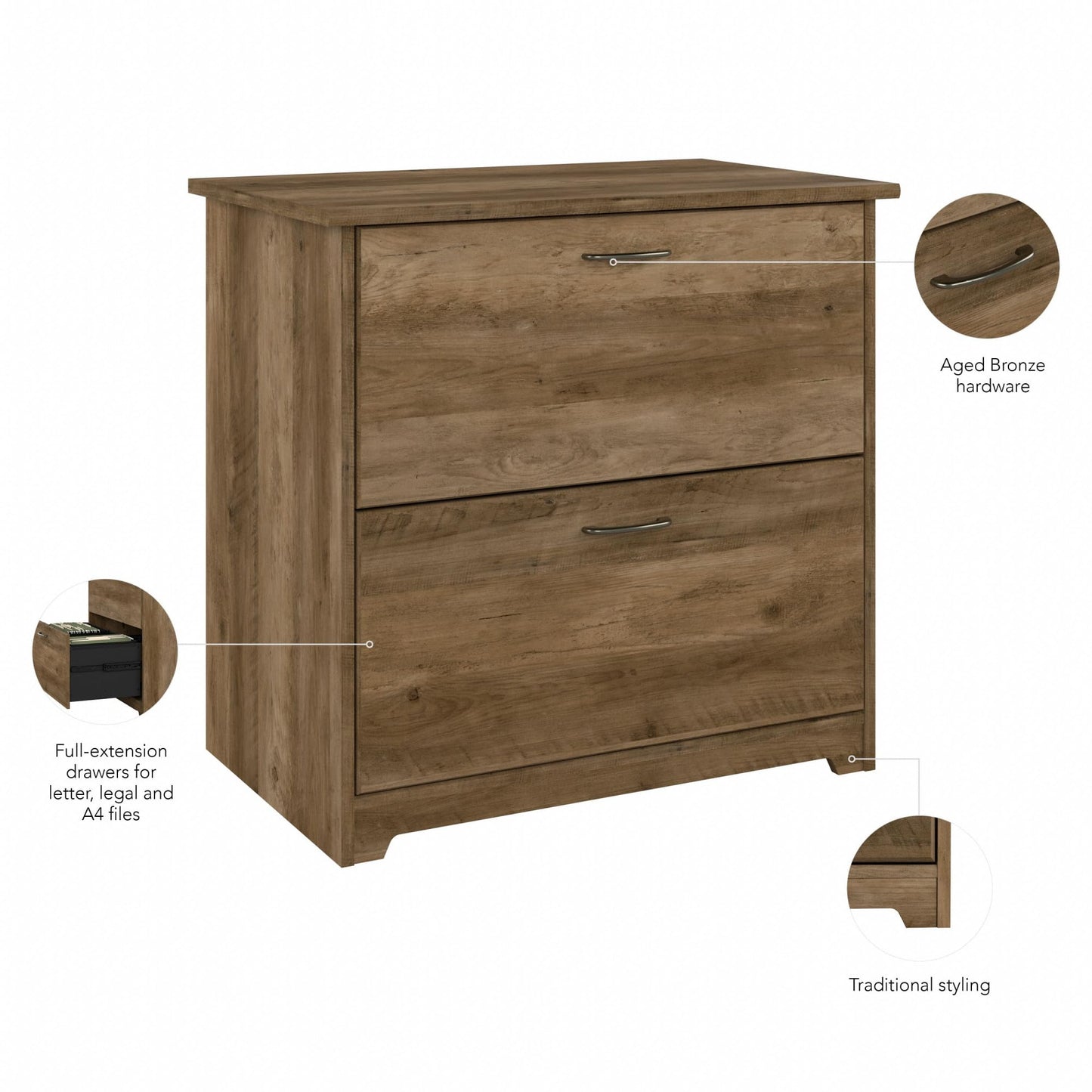 Bush Home Cabot 2 Drawer Lateral File Cabinet in Reclaimed Pine, Home Office Chest for Letter, Legal, and A4-size Document Storage