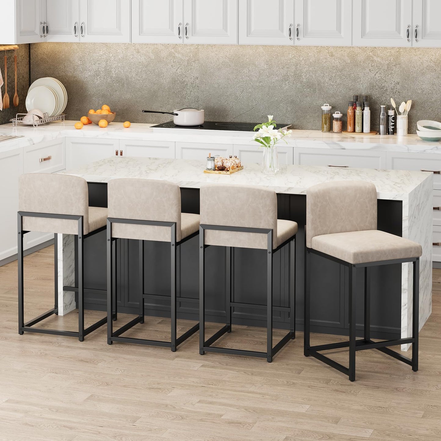 GarveeHome Bar Stools Set of 6, Modern Counter Height Bar Stools with Back and Footrest, Faux Leather Upholstered Barstools Chairs for Kitchen Island Dining Room Bar, Beige
