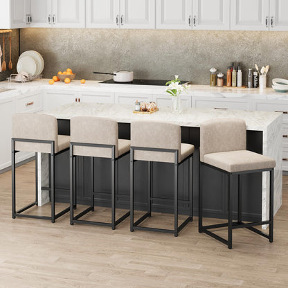 GarveeHome Bar Stools Set of 6, Modern Counter Height Bar Stools with Back and Footrest, Faux Leather Upholstered Barstools Chairs for Kitchen Island Dining Room Bar, Beige