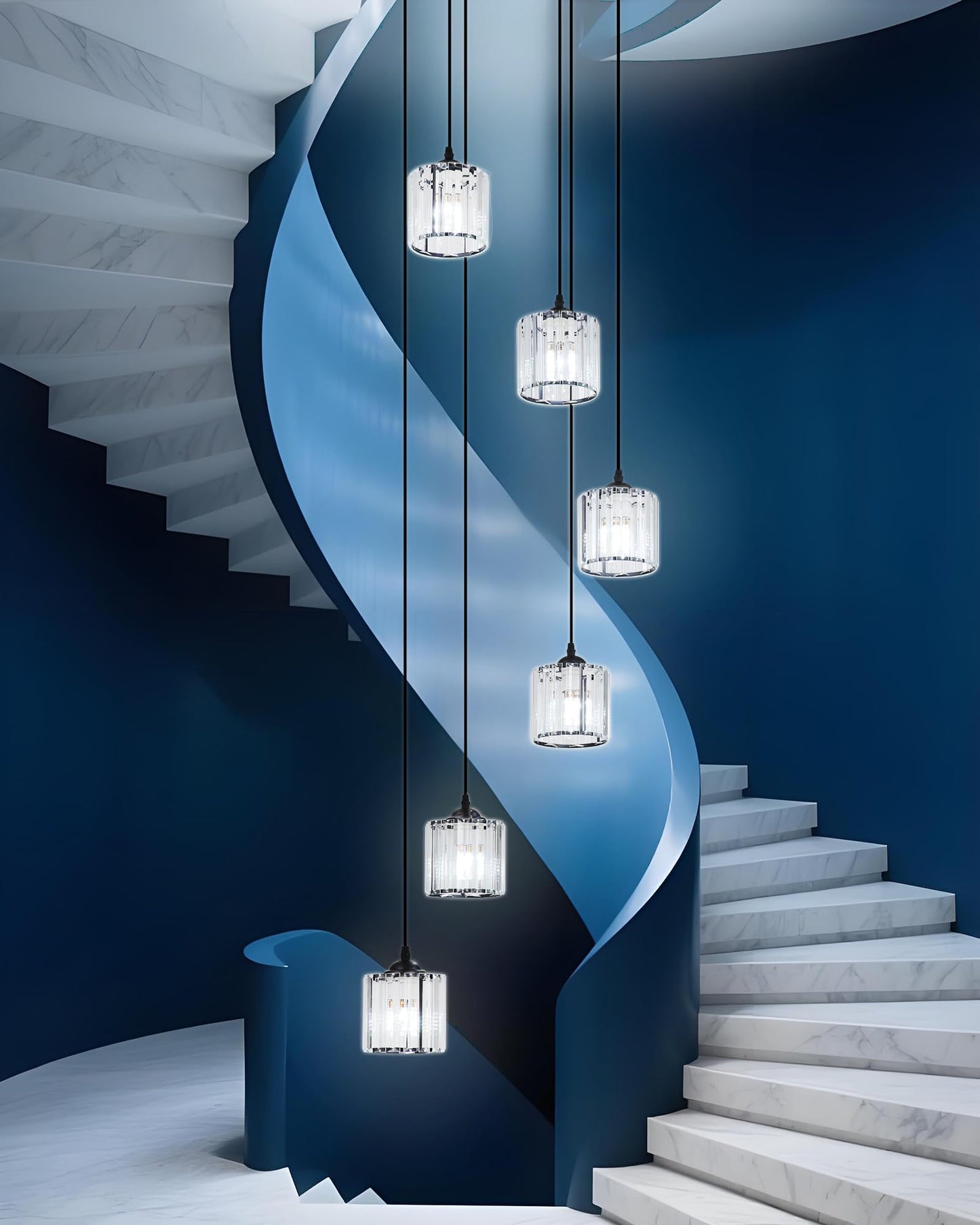 Meimond Long Chandeliers for High Ceilings,Modern Crystal Pendant Light,Raindrop Drop Lamp,Hanging Flush Mount Lighting Fixtures for Spiral Staircase,Foyer,Entryway,Living Room,Black (21 Lights)