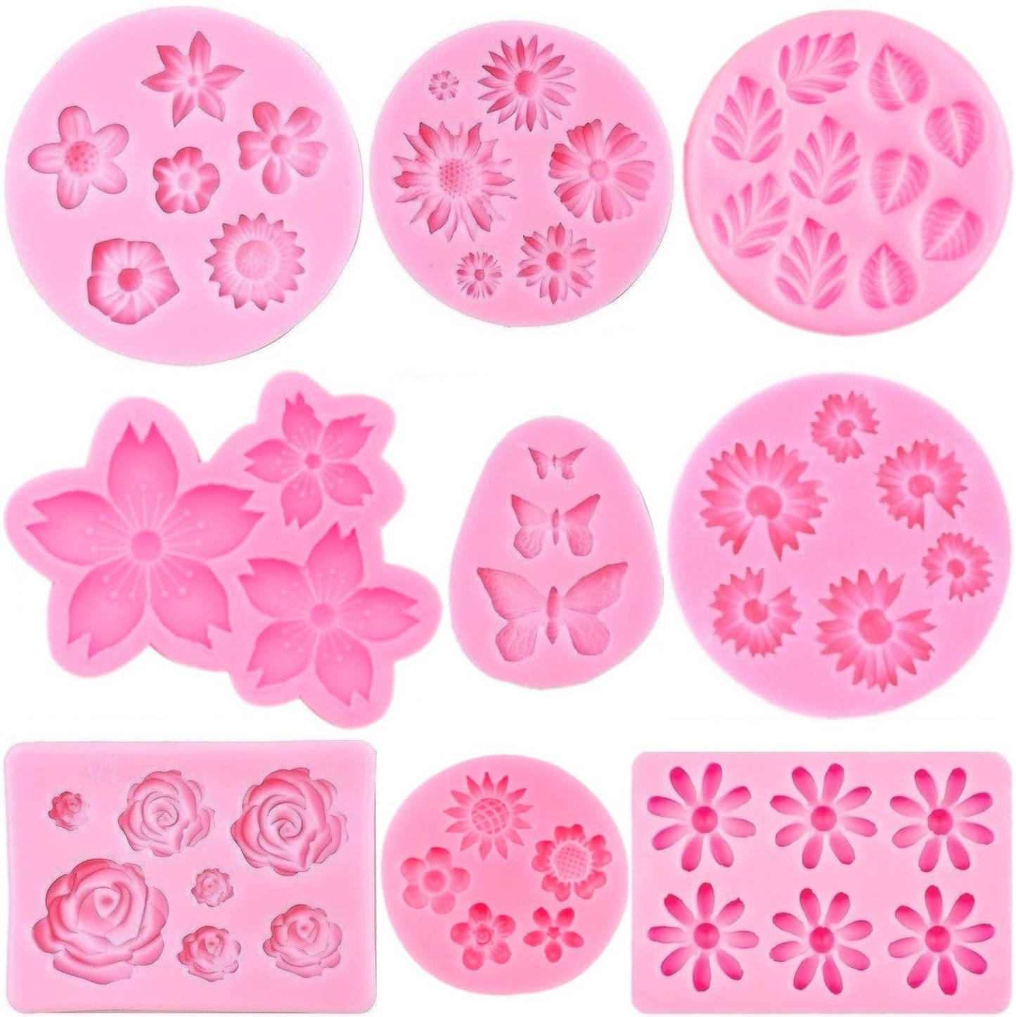 Flower Silicone Molds,9pcs Rose Leaf Daisy Sunflower Chrysanthemum Small Flowers Fondant Molds Polymer Clay Mould Candy Chocolate Molds for Cupcake Cake Pop Puck Decoration DIY Crafts