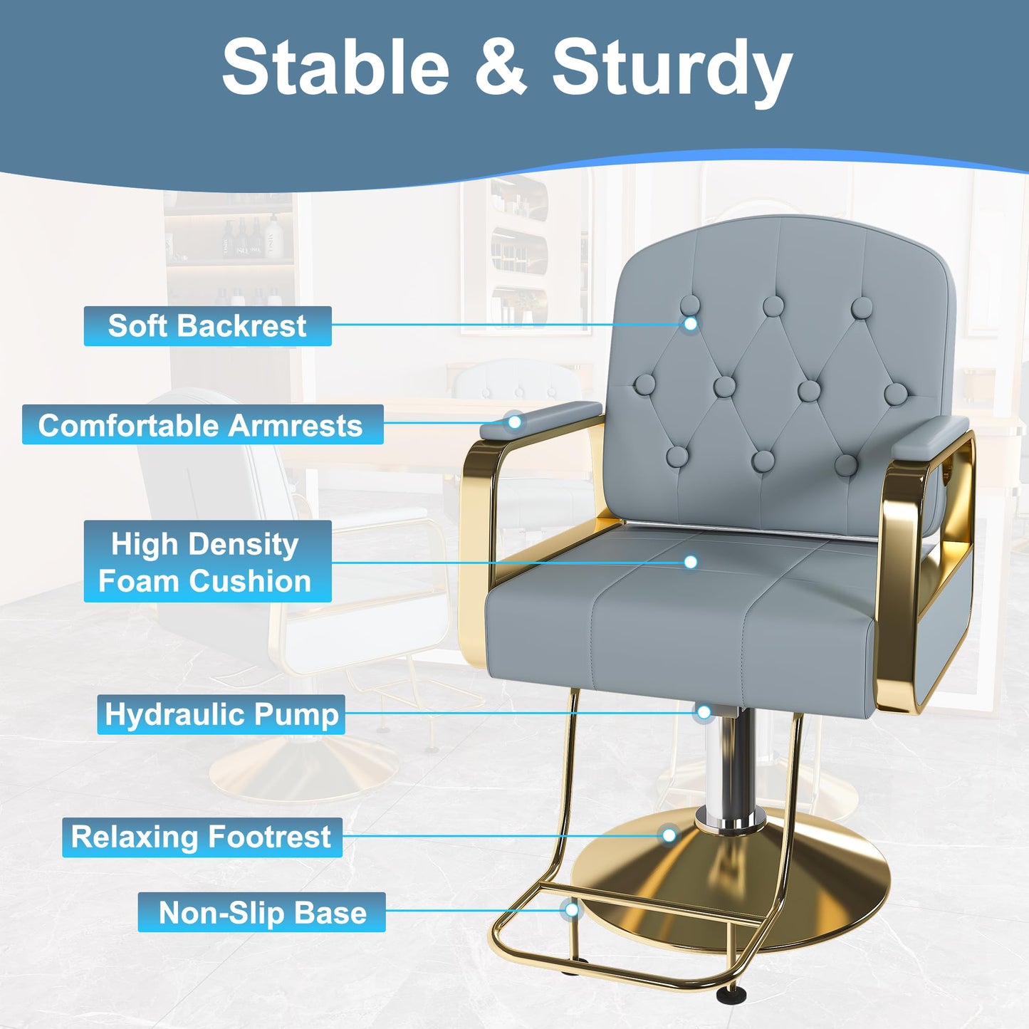 KEIKI Hydraulic Barber Chair, Professional Barber Chair with Pump, 360° Swivel Non-Tilting Salon Chair for Hair Stylist, Tattoo, Spa & Beauty Studio, Heavy-Duty Barber Equipment, Blue