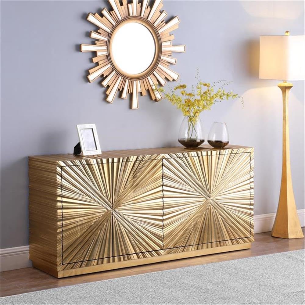 Meridian Furniture Golda Collection Modern | Contemporary Gold Leaf Sideboard/Buffet with Intricate Hand Carved Starburst Design, 66" W x 18" D x 31" H
