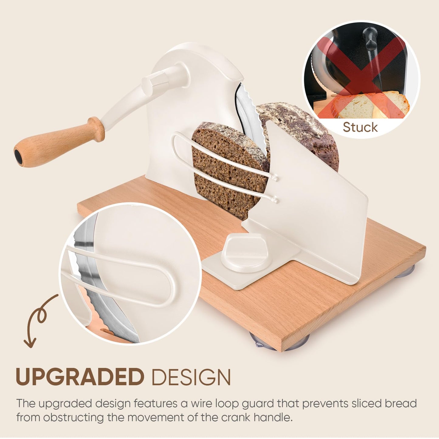 SOWKIPE Manual Bread Slicer with Hand Crank, Classic Home Bread Slicer for Homemade Sourdough, Rotary Slicer with Adjustable Thickness, Premium Stainless Steel & Powerful Suction Cups (White)