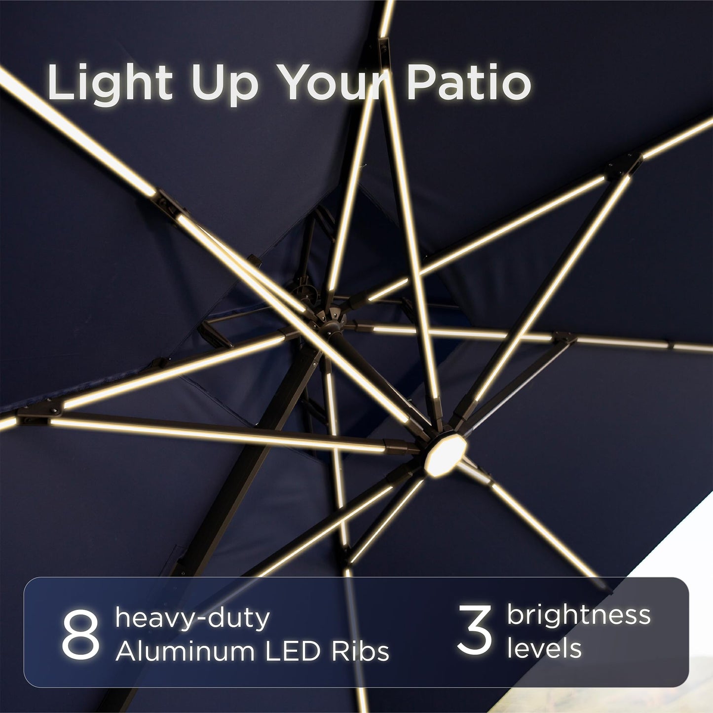 Deconk 10x10 FT Cantilever Patio Umbrella with Led Lights Double Top Outdoor Square Heavy Duty Offset Umbrellas 360°Rotation Free-motion Track Tilt Windproof for Pool Deck Garden, Navy
