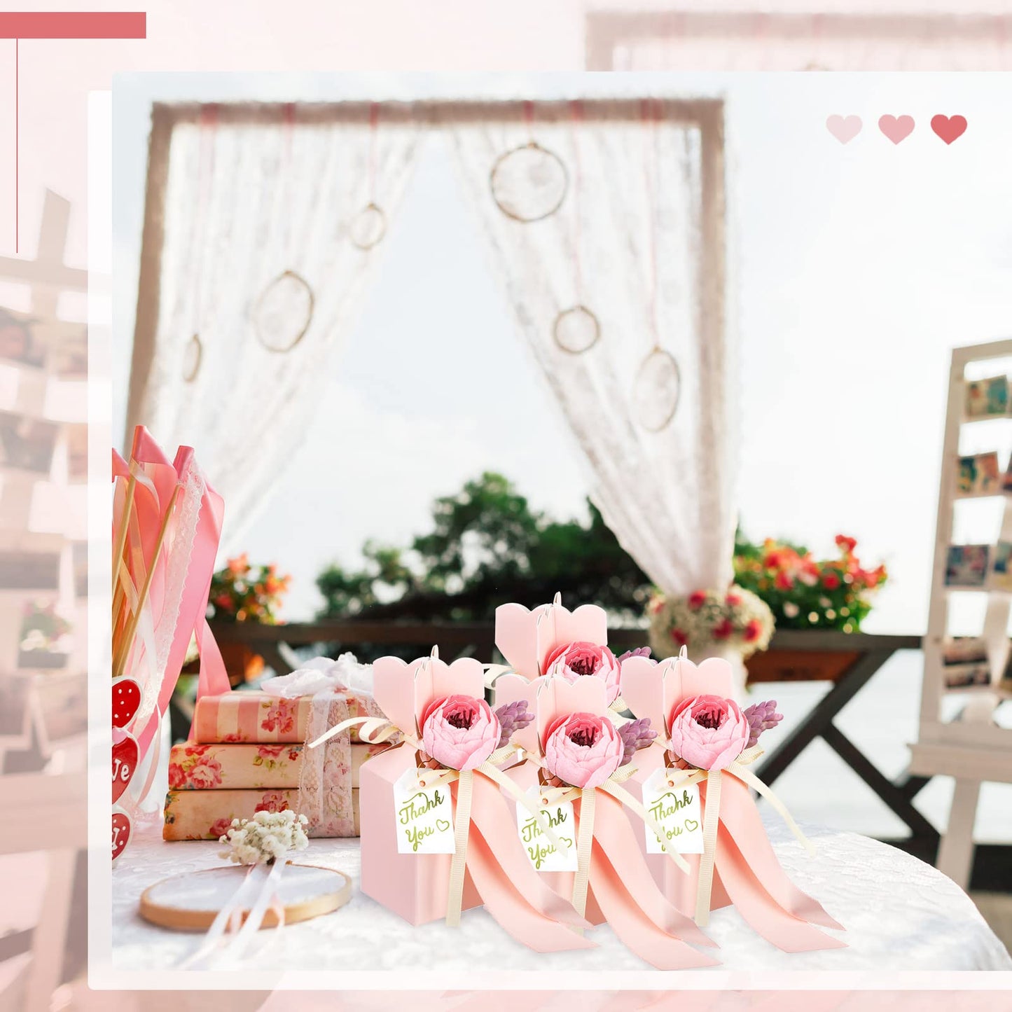 TaoBary 50 Pcs Wedding Favor Boxes Pink Party Favor Box with Ribbon and Flower DIY Chocolate Candy Gift Treat Bags for Engagement Bridal Baby Shower Birthday Anniversary Party Decorations