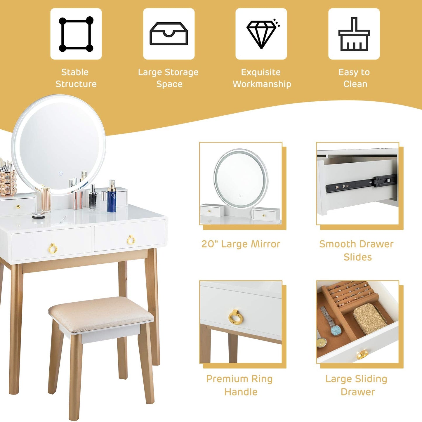 FANTASK Vanity Table Set, LED Lighted Makeup Table w/ 3 Color Round Lighting Mirror Touch Screen 4 Drawers, Makeup Dressing Table w/Cushioned Stool for Bedroom (White)