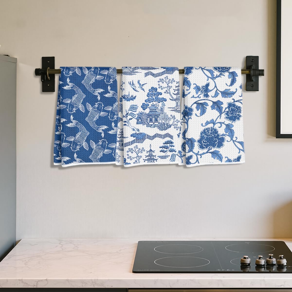 Hanamiya Na 3Pcs Exquisite Traditional Landscape Kitchen Towels, Koi Fish Floral Decorative Absorbent Microfiber Dish