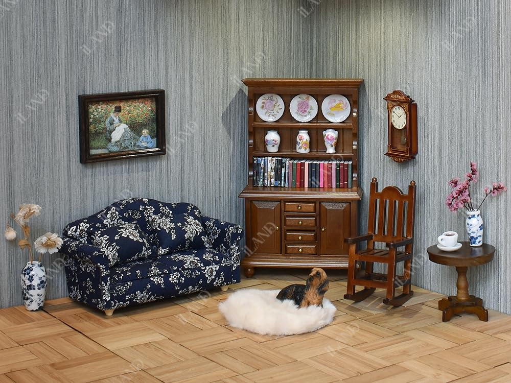 iLAND Miniature Dollhouse Furniture on 1 12 Scale, Dollhouse Chair & Table & Bookshelf & Rug (Classic 4pcs)