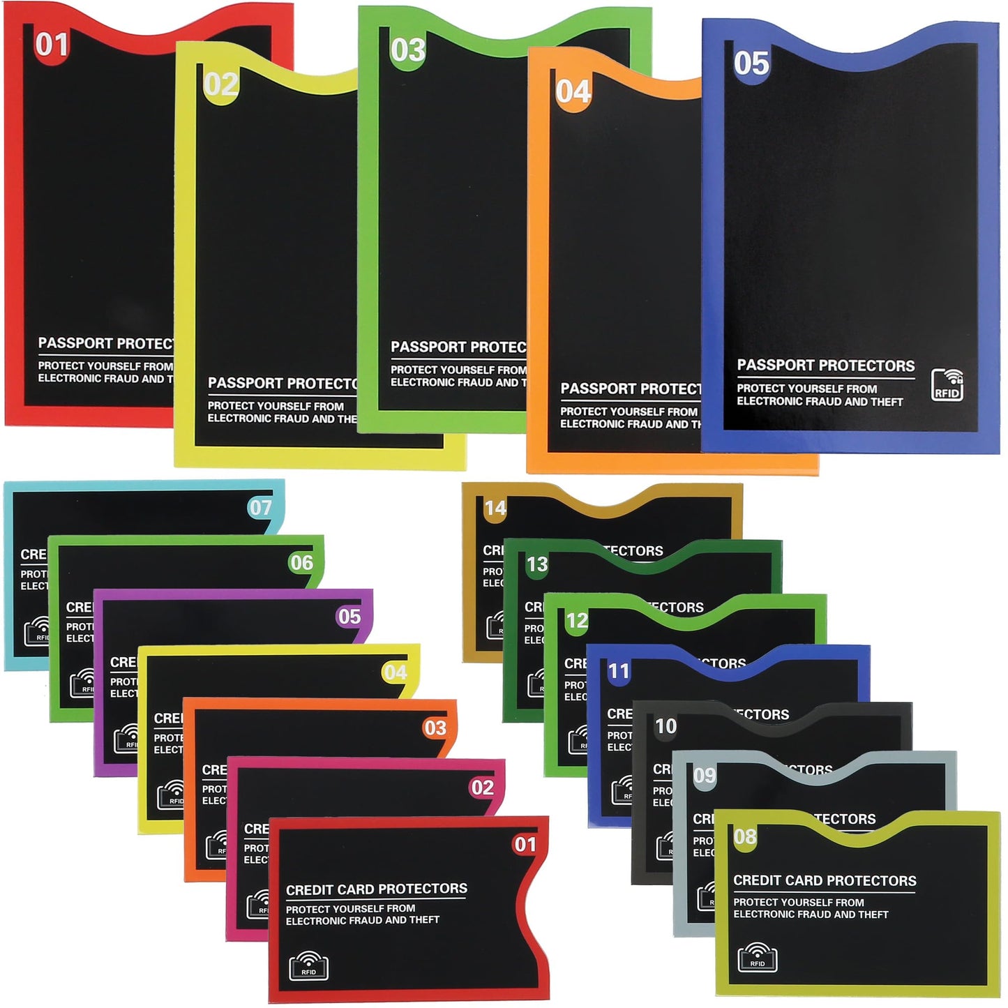LotFancy RFID Blocking Sleeves, Set with Color Coding (19 Pack, 14 Credit Card Protectors and 5 Passport Holder Sleeves), Identity Theft Protection