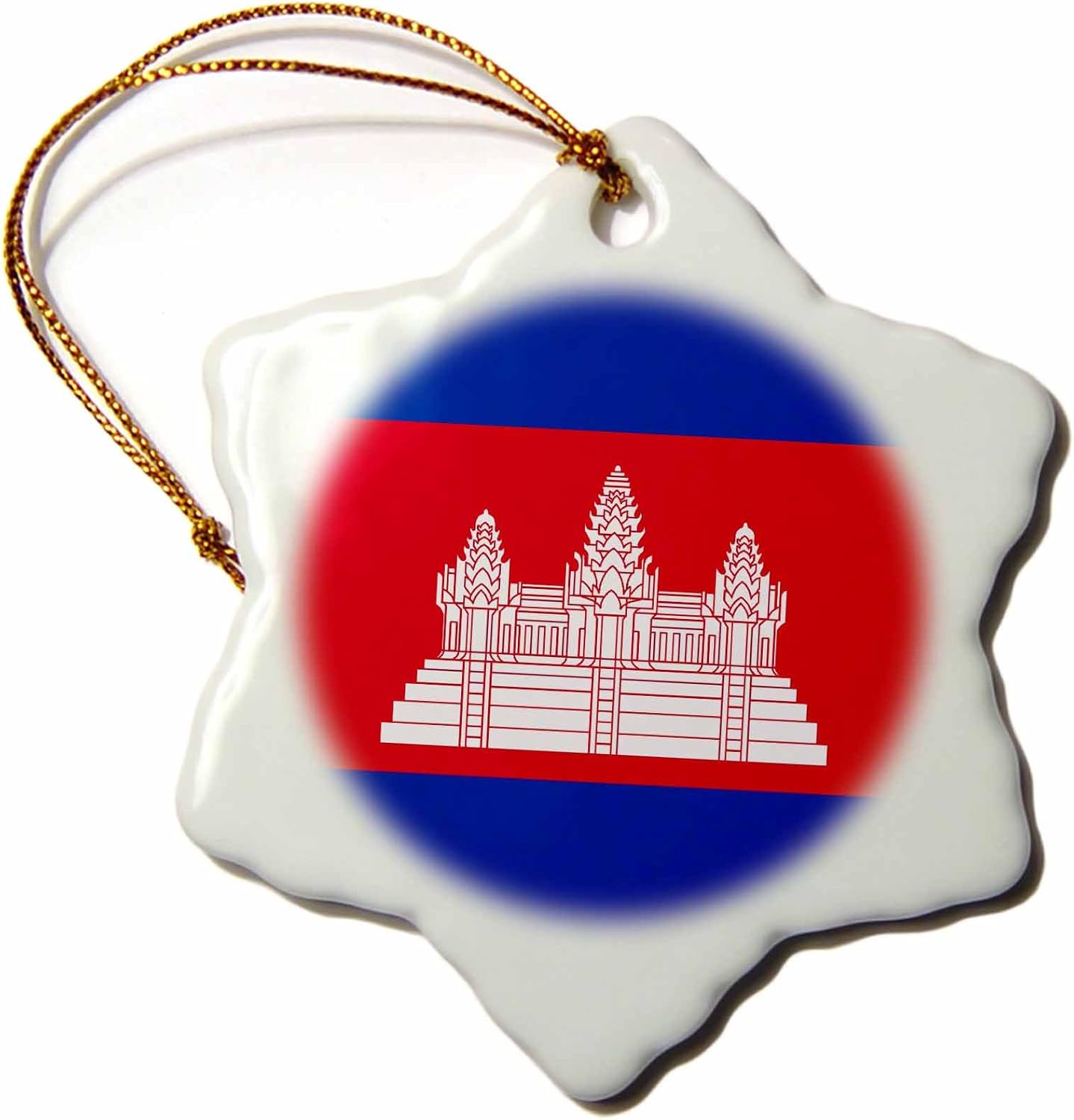 3dRose Cambodian Flag Ornament, Red Blue with White Angkor Wat Hindu Buddhist Temple, Porcelain, 3-Inch