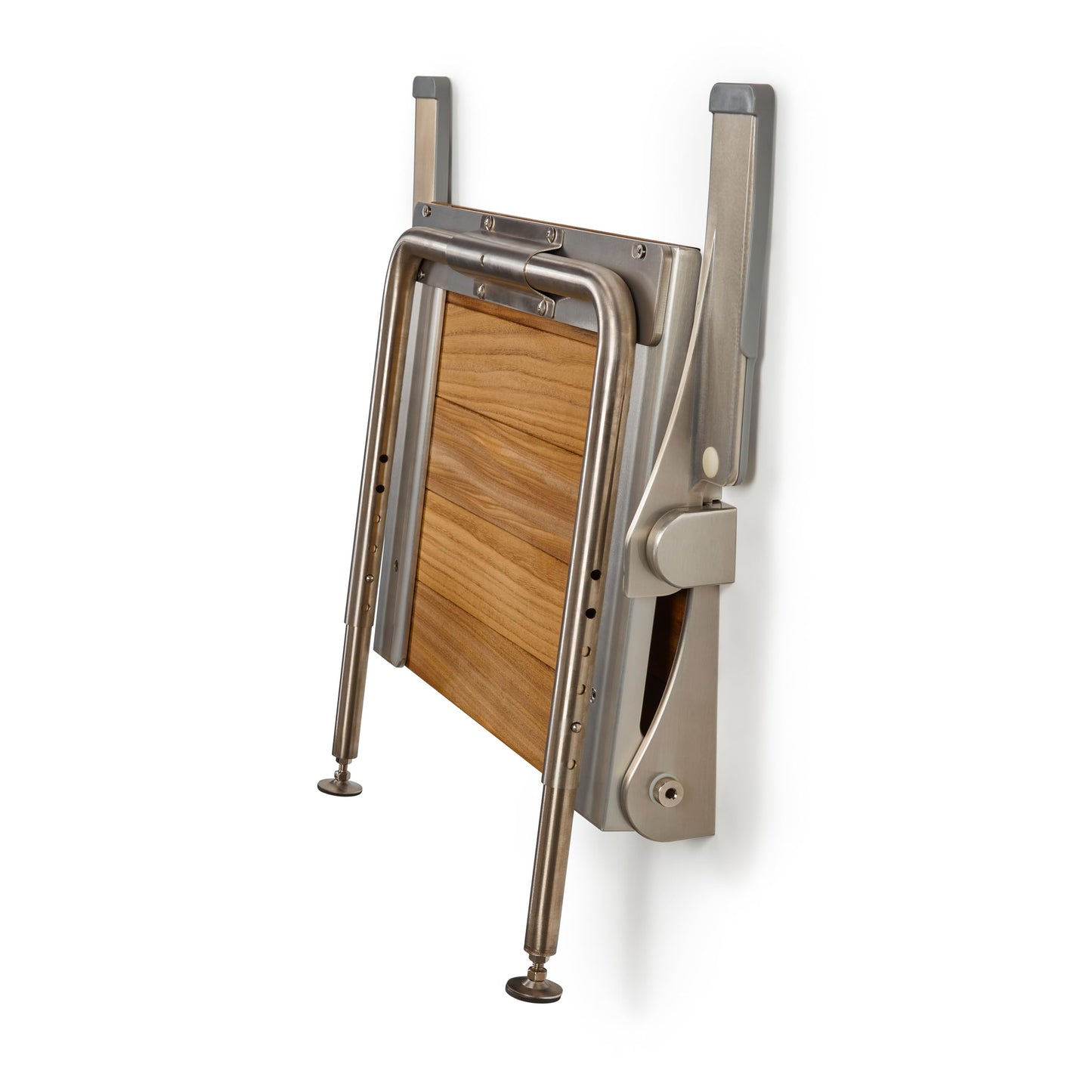 Silhouette Comfort Plus Folding Shower Seat with Armrests & Legs – Heavy-Duty Wall-Mounted Shower Bench, Teak Wood Seat with Silver Frame