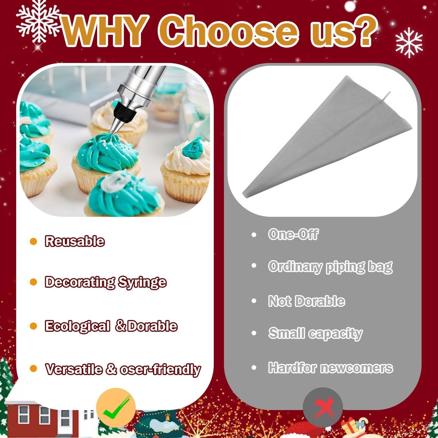 Dualshine Dessert Decorating Syringe Set, Frosting Piping Kit, Stainless Steels Icing Piping Kit, Cake Decorating Tools 6 Russian Piping Icing Nozzles Cupcake Piping Kit Christmas Baking Gifts