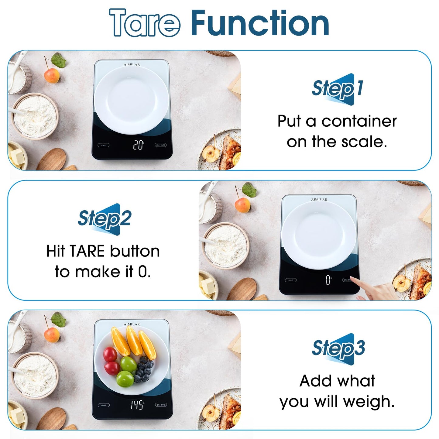 AIMILAR Bluetooth Kitchen Scale 10kg/22lb - Smart Nutrition Food Scale with App Calorie & Macro Tracker, Nutritional Analysis, USB-C Rechargeable, Tempered Glass, LED Display, Tare, g/lb:oz/oz/ml