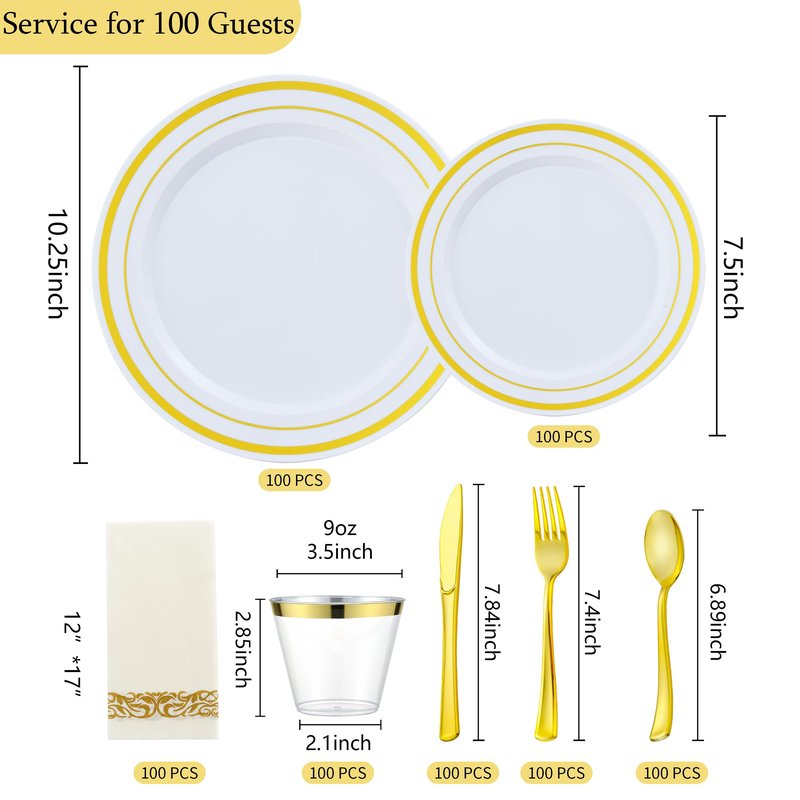 ISFANGCO 700 PCS Gold Plastic Dinnerware for 100 Guests, Gold and White Disposable Plates include 100 Dinner Plates,100 Dessert Plates,100 Silverware Set,100 Cups,100 Napkins