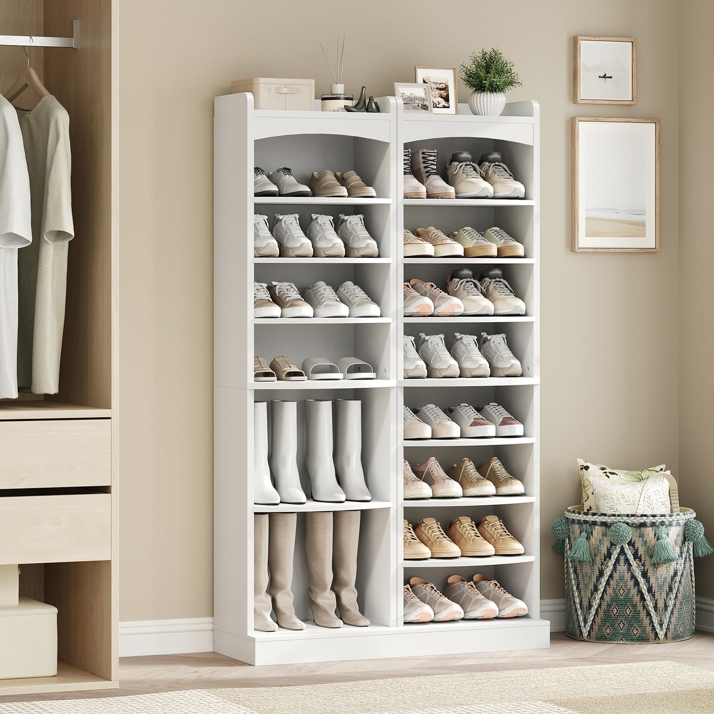 YATINEY 10 Tier Shoe Rack and 9-Tier Tall Shoe Rack, Wooden Shoe Storage Organizer, Narrow Shoe Cabinet with Removable Shelves for Small Spaces SS10WW-SS22WT