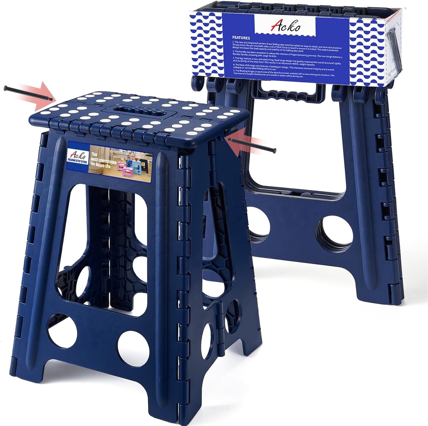17.5 Inch 400 lbs ACKO Folding Step Stool Foldable Capacity, Plastic Stools for Adults and Kids, Collapsible Stools