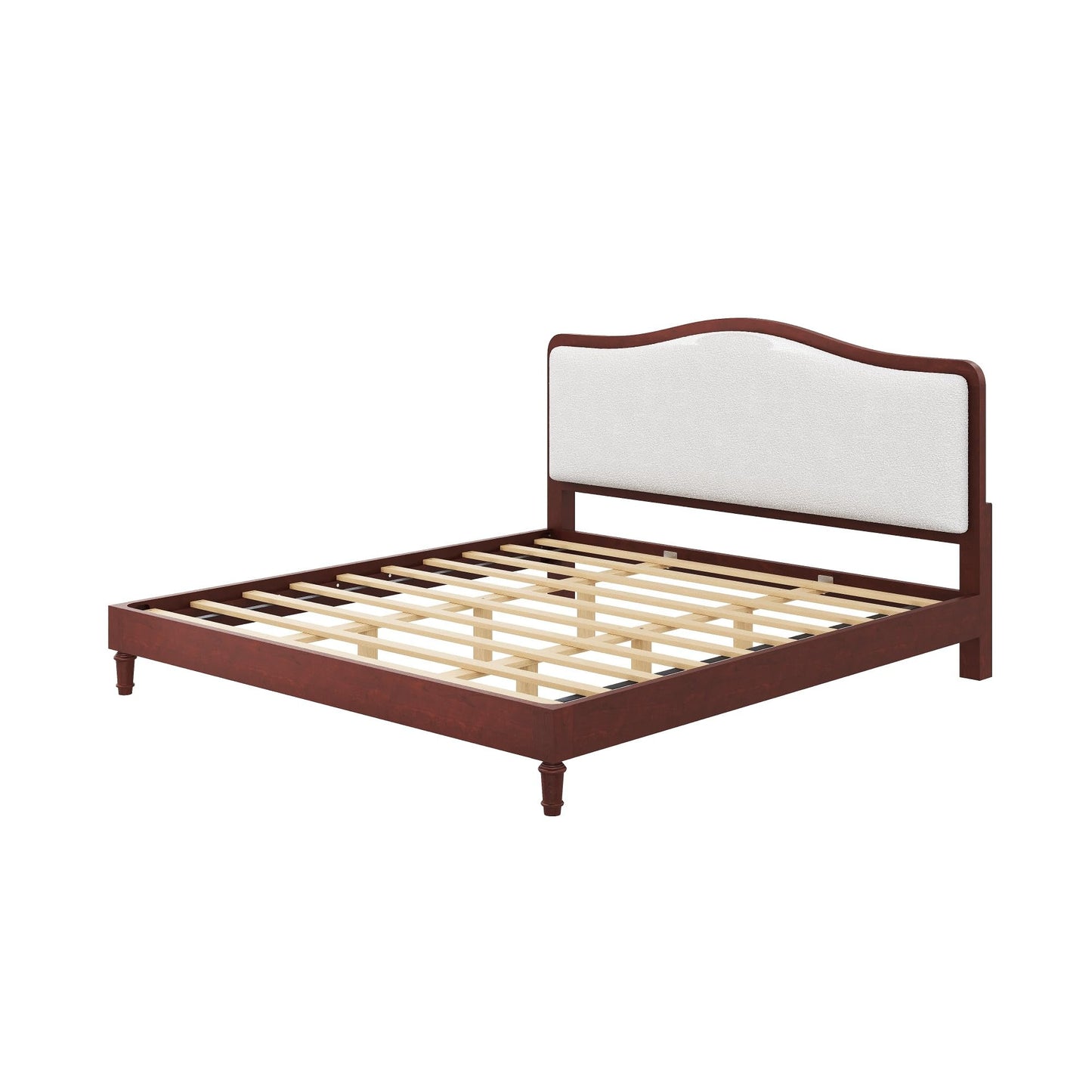 Merax King Size Upholstered Platform Bed Frame with Curved Headboard, Espresso Wood Frame & White Fabric, Noise-Free, Strong Slat Support, No Box Spring Needed, Easy Assembly
