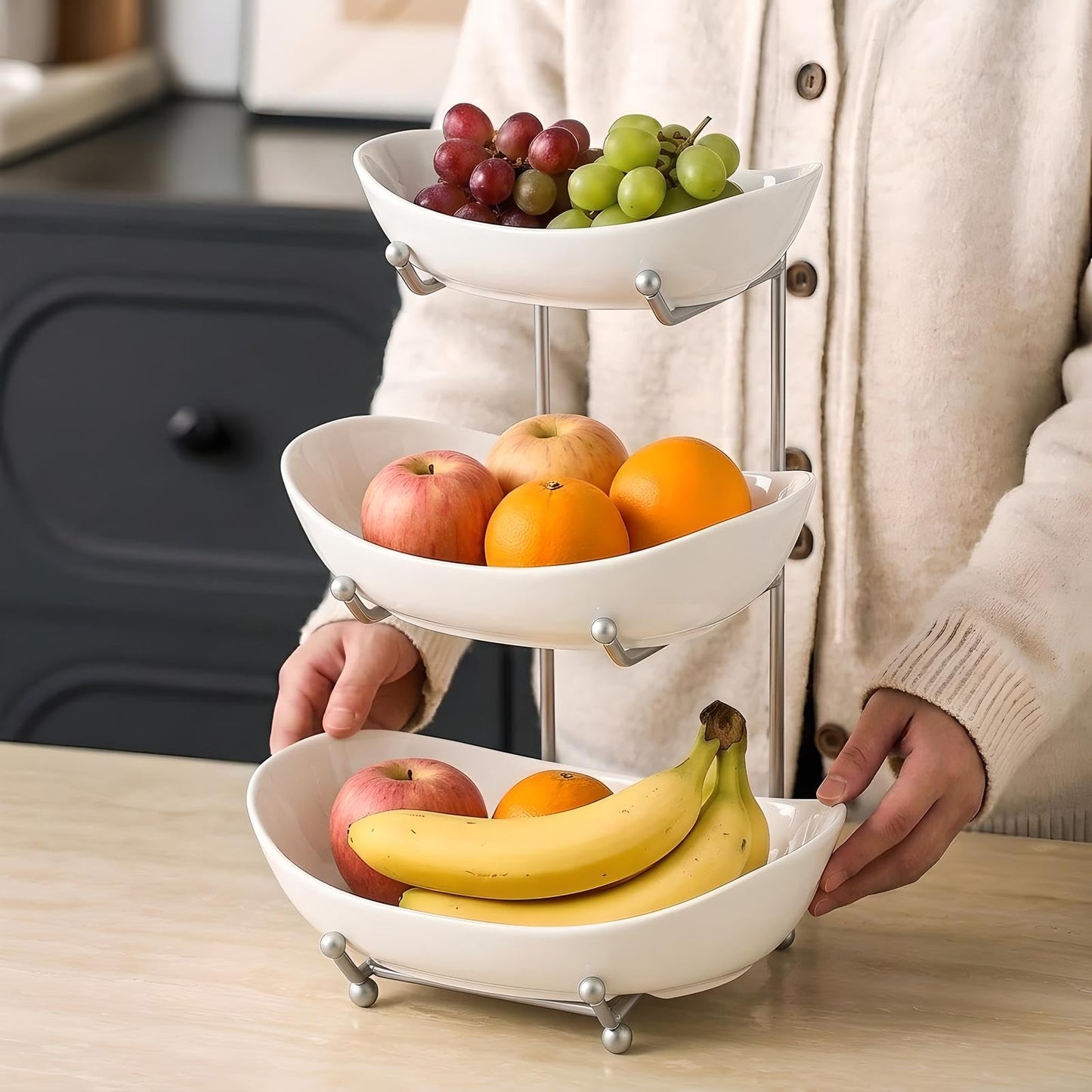 MEIGLQEA 3 Tier Fruit Basket for Kitchen Counter, Silver/White Ceramic Fruit Bowl for Countertop, Home Fruit Rack with Holder, Vegetable Bowl Snacks Nuts Bread Candy Storage (White)