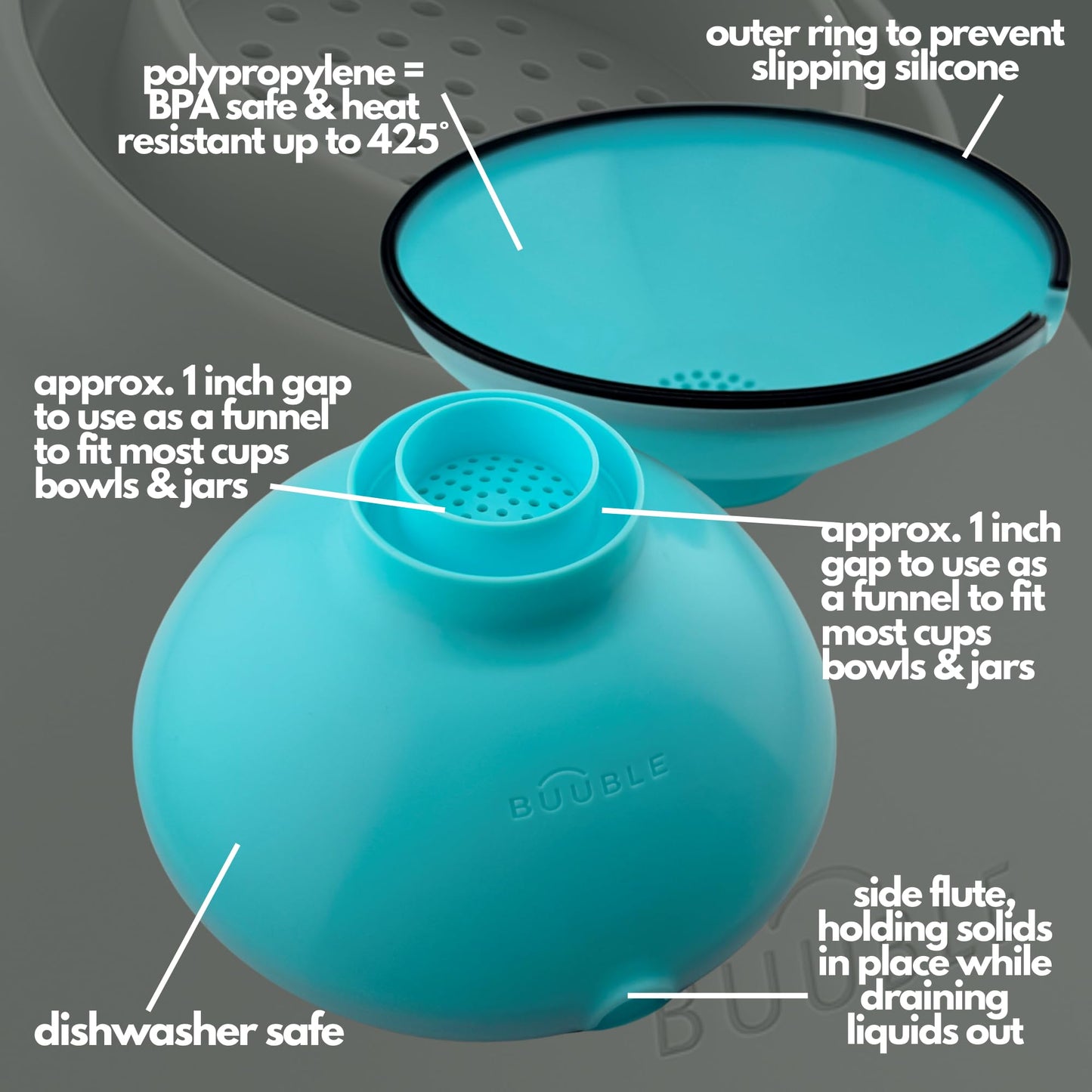 BUUBLE Ultimate Grease Drainer & Food Strainer (Aqua) Premium Heat-Resistant Silicone Colander for Bacon, Ground Beef, Pasta & Veggies; Fits Pans, Cans & Jars; Dishwasher Safe