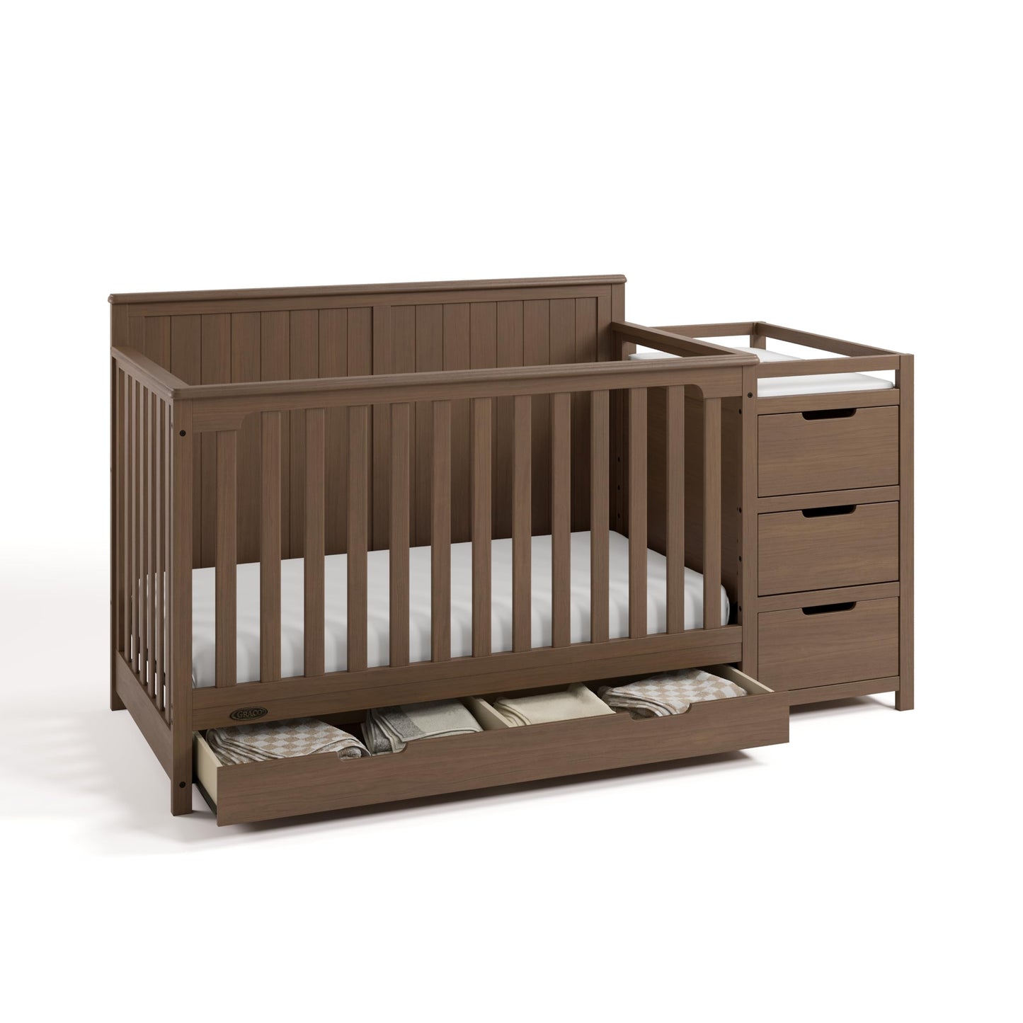 Graco Hadley 5-in-1 Convertible Crib & Changer – GREENGUARD Gold Certified, Fits Standard Crib Mattress, Converts to Toddler Bed and Full Bed, 4 Adjustable Mattress Heights (Hazelnut)