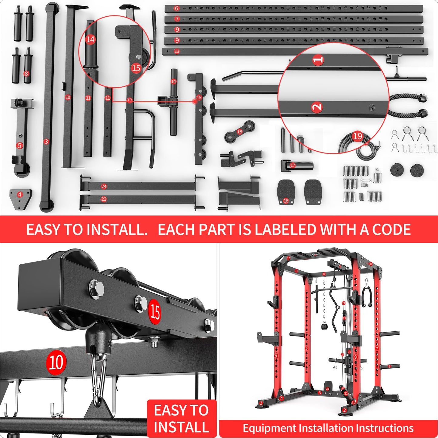 Power Rack Power Cage Multi-Function Squat Rack with Cable Crossover System Selectable More Training Attachment Power Rack for Garage & Home Gym (Red, C Set L01+Weight Bench+（Pole+Cast Iron） 248LBS)