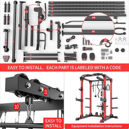 Power Rack Power Cage Multi-Function Squat Rack with Cable Crossover System Selectable More Training Attachment Power Rack for Garage & Home Gym (Red, C Set L01+Weight Bench+（Pole+Cast Iron） 248LBS)