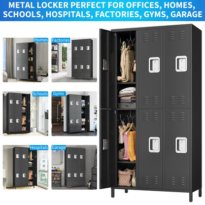 Heavy Duty Metal Storage Locker Cabinet – 6 Lockable Doors, Hooks, Shelf, Ventilated Design – Tall Steel Office Organizer for School, Gym, Garage – Secure Storage Rack, Black