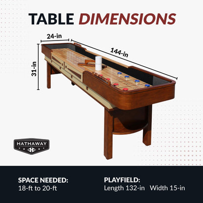 Hathaway Merlot 12 Foot Shuffleboard Table for Family Game Room - with Lacquer Coated Playfield, Built-in Scorer and Cabinet, Climate Adjusters, Leg Levelers, 8 Pucks, Brush, and Wax - Walnut Finish