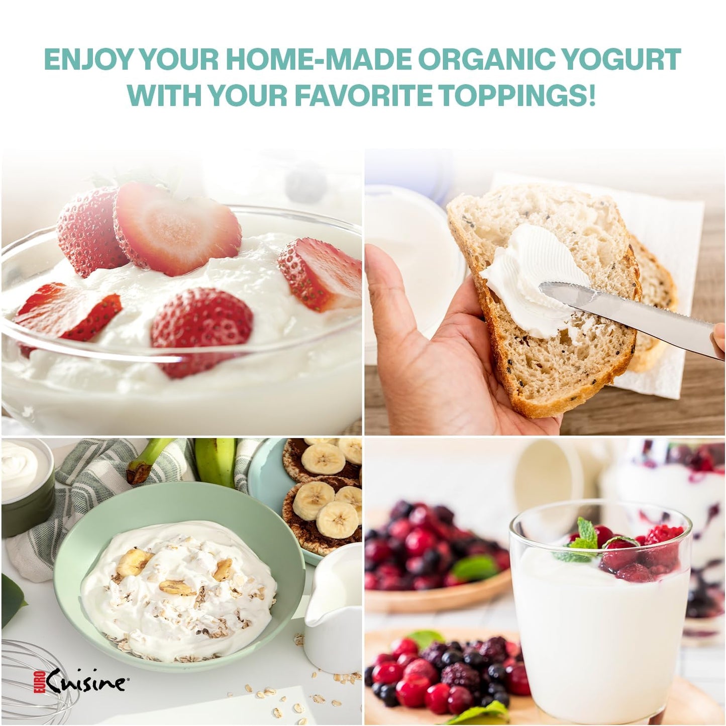 Euro Cuisine YM260 Yogurt Maker with Adjustable Time & Temperature Control, 2-Quart Glass Jar, Free Thermometer & Cotton Strainer Bag, 2025 Edition, White, Make Yummy Organic Probiotic Yogurt at Home