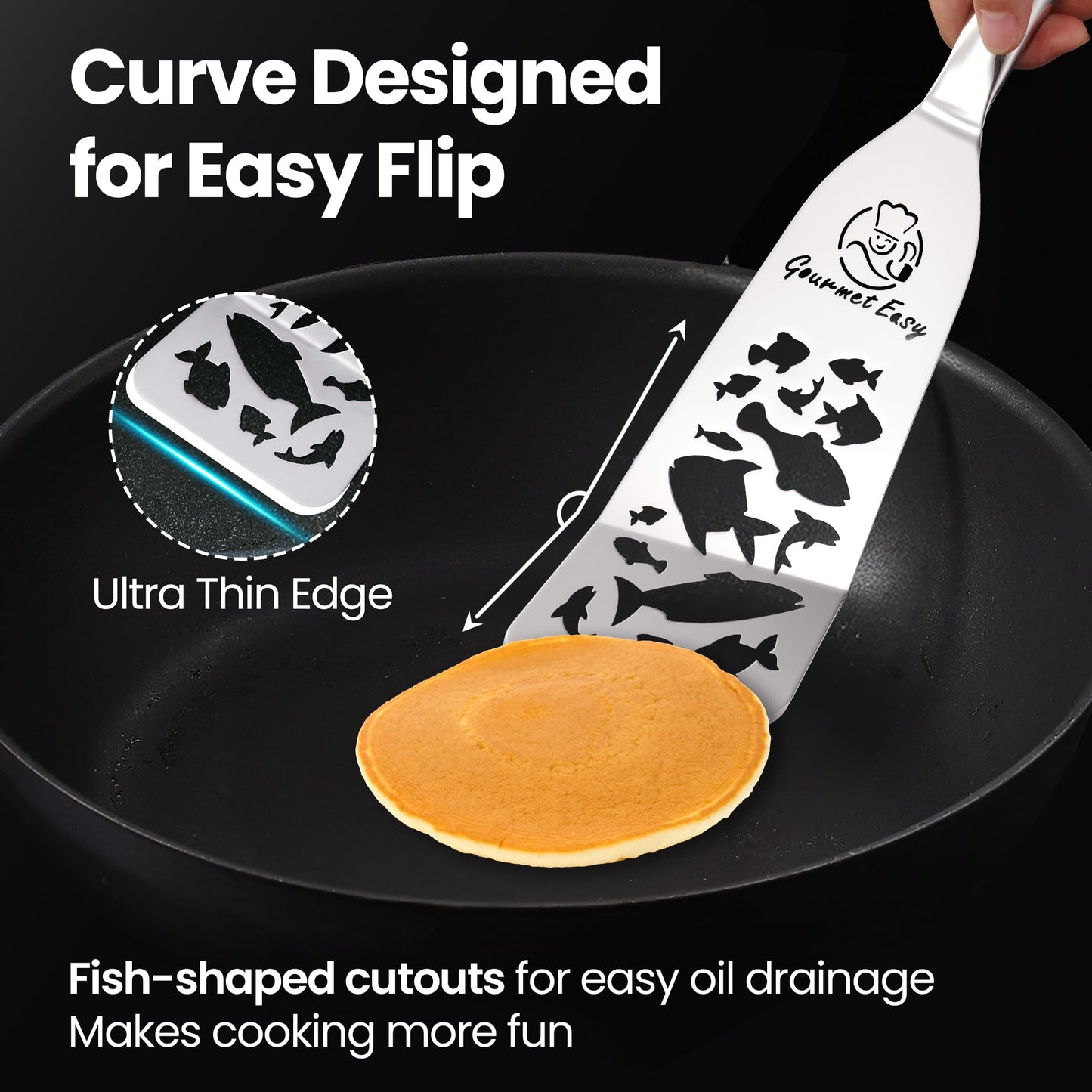 Stainless Steel Fish Spatula Set – Funky Fish Edition, 1 Large Fish Turner + 1 Small Metal Spatula, Ultra-Thin Edge for Easy Turning & Flipping, Ergonomic Non-Slip Handle, Dishwasher Safe