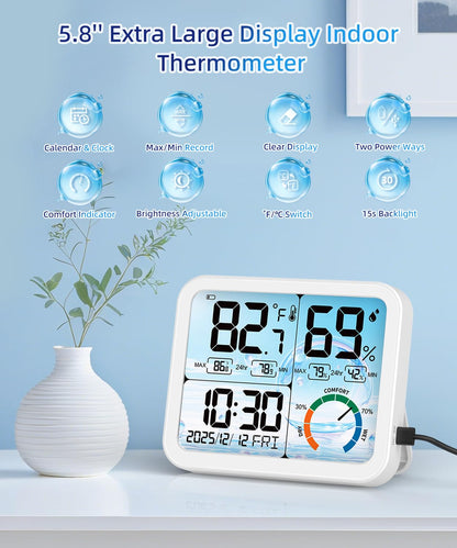 VOCOO Digital Indoor Room Thermometer - 5.8'' Extra Large Display Temperature Humidity Sensor with Accurate Temp Humidity Gauge Monitor, Calibration, Max & Min Records, Comfort, Backlit, Date & Clock