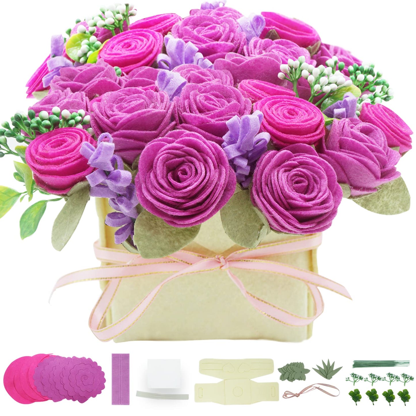 BAZIMA DIY Felt Flower Art Craft Kit - Felt Rose and Lavender Kit, Floral Gifts - Arrange Pre-Cut Flowers and Foliage