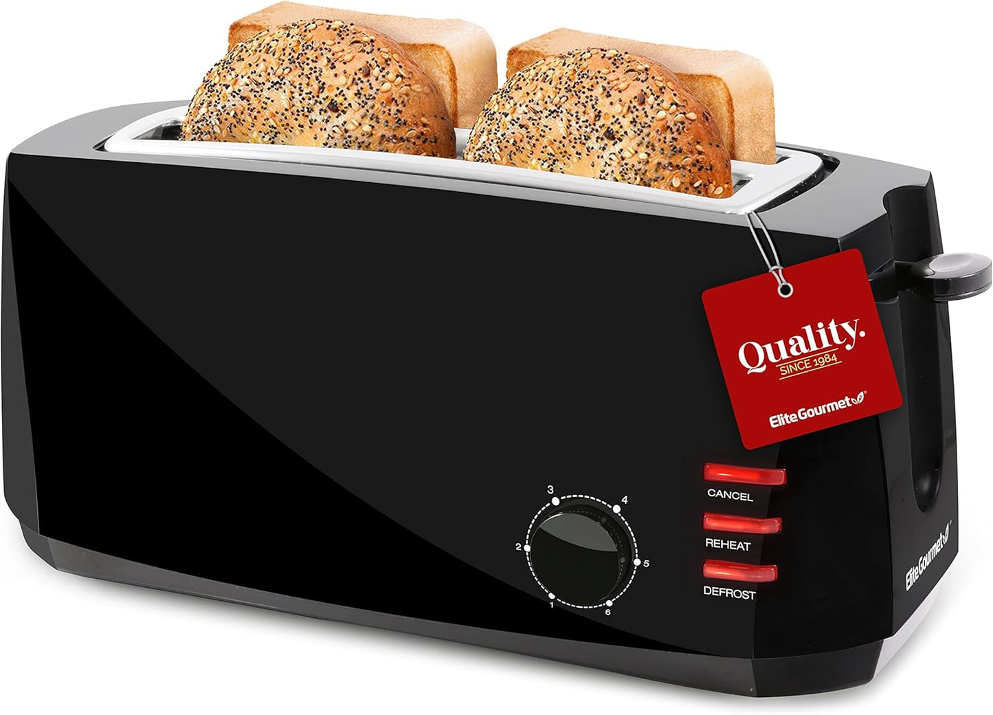 Elite Gourmet ECT4829B Long Slot 4 Slice Toaster, 6 Toast Settings, Defrost, Reheat, Cancel Functions, Extra Wide Slots