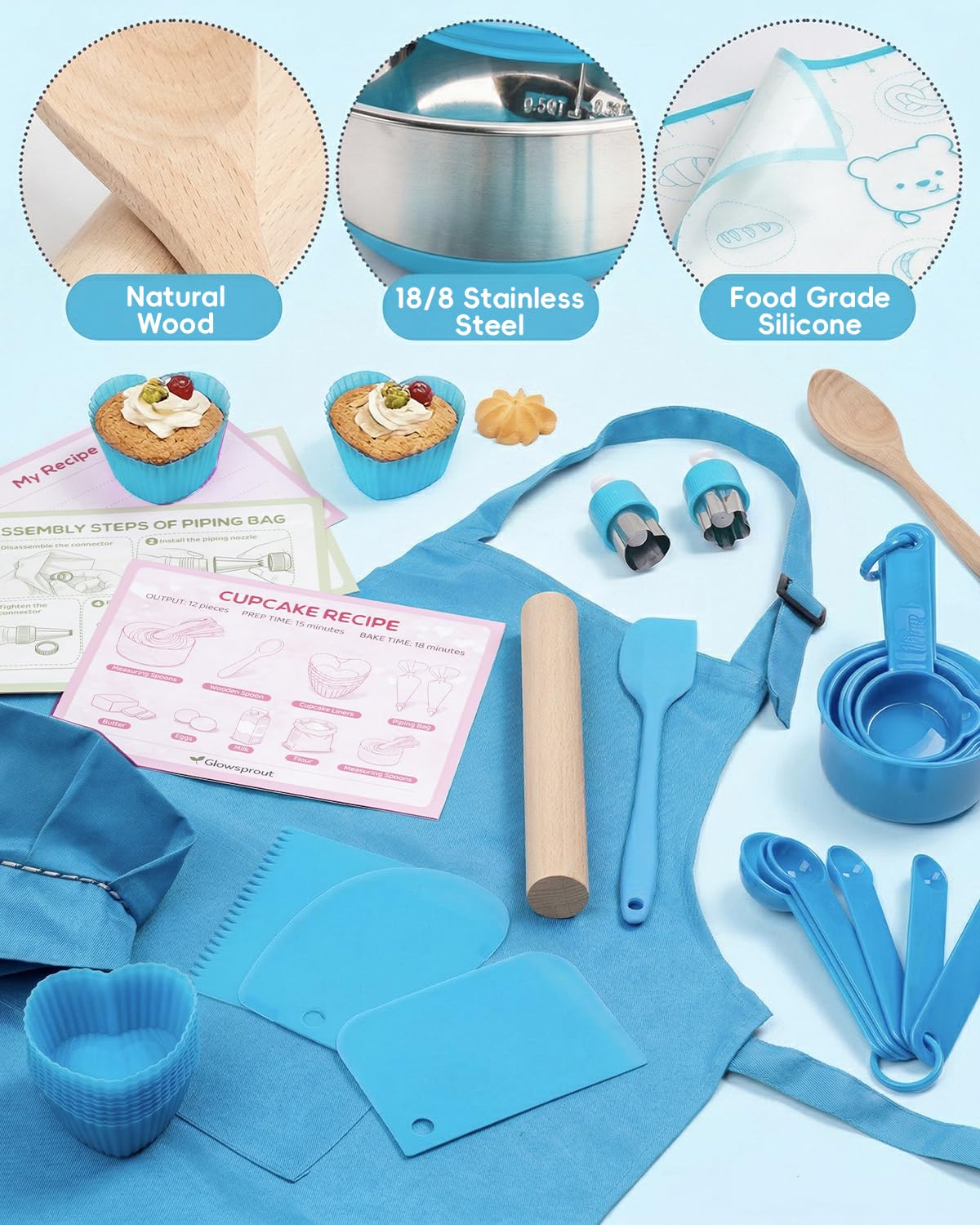Kids Baking Set–Real Cooking Set for Kids with Kids Cooking Utensils & Kitchen Accessories, Measuring Tools & Baking Supplies,Great Gift for Pretend Play & Montessori Learning (Blue)