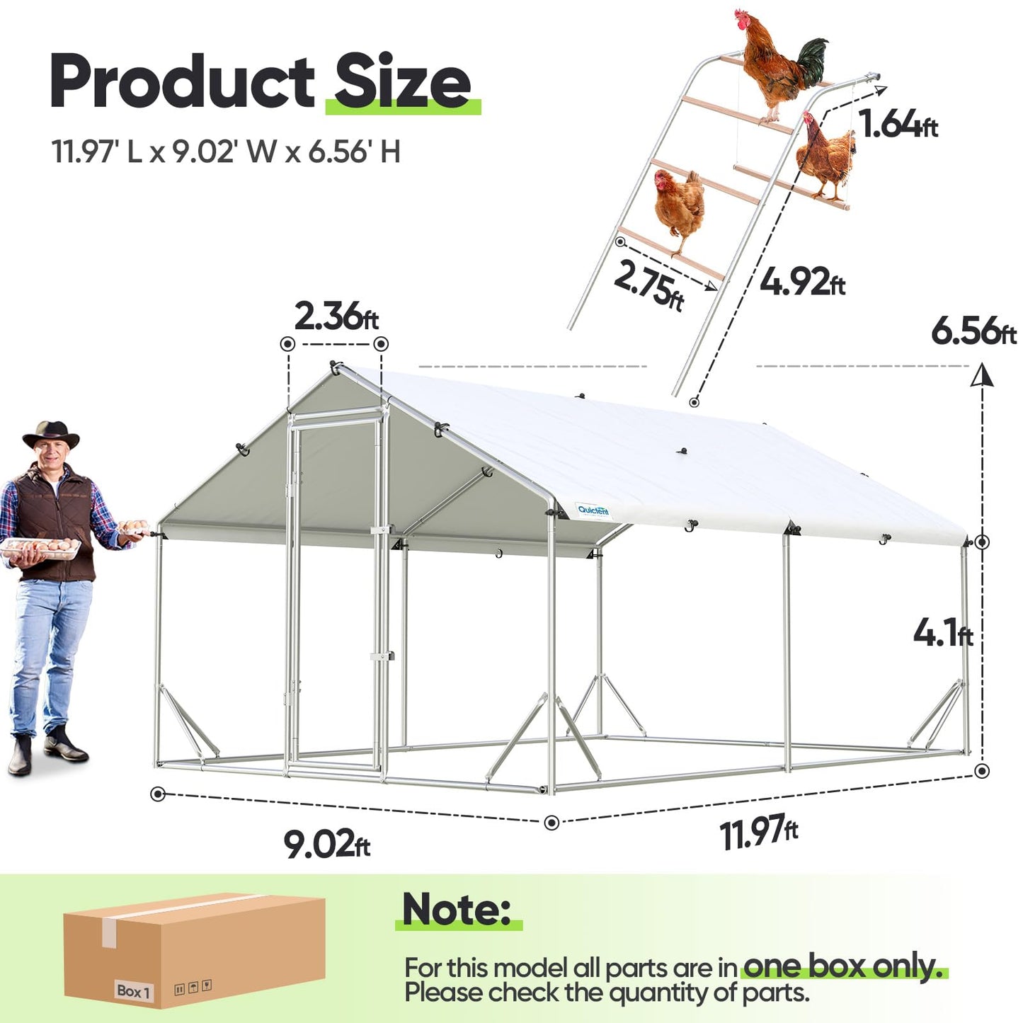 Quictent Large Metal Chicken Coop Run for 20+ Poultry with Metallic Perch, Side Hardware Cloth & Cover, Advanced Series Outdoor Walk-in Cage Hen Duck Rabbit Dog Pen Yard Farm House, 12x9x6.6FT