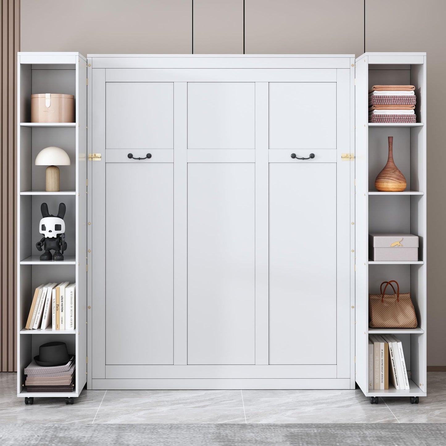 Ball & Cast Murphy Bed Queen Size,Wood Hidden Wall Bed with 2 Sides Push-Pull Foldable Storage Cabinets, Multifunctional Cabinet Bed Frame for Bedroom,Guest Room,Space Saving,White
