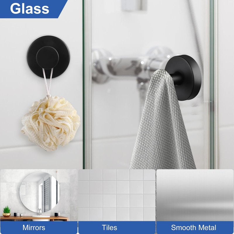 Suction Cup Hooks for Bathroom Kitchen, 2 Pack Stainless Steel Suction Hooks for Shower No Drilling Damage Free Towel Hook Holders Reusable Removable for Hanging Towels, Loofah, Robe, Coat(Black)